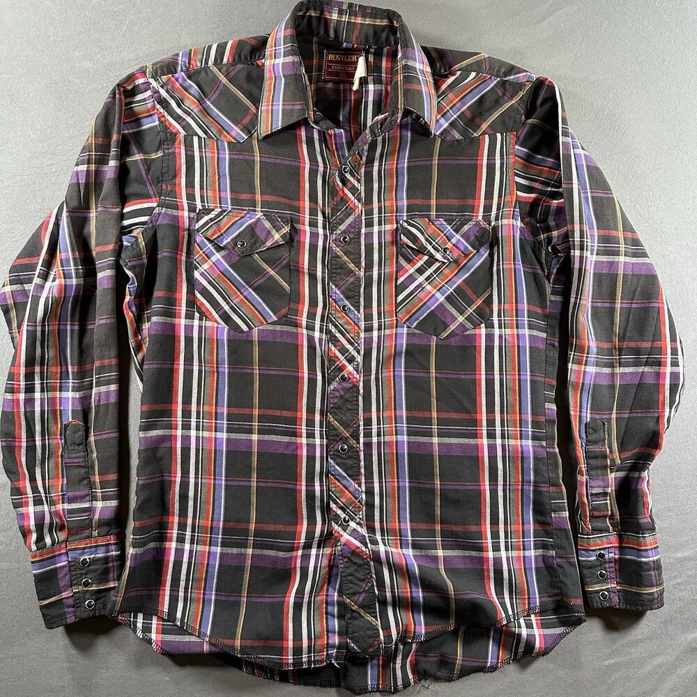 Rustler Vntg Western Plaid Snap Shirt Black Red Purple X-Long Tails Men's 15 1/2